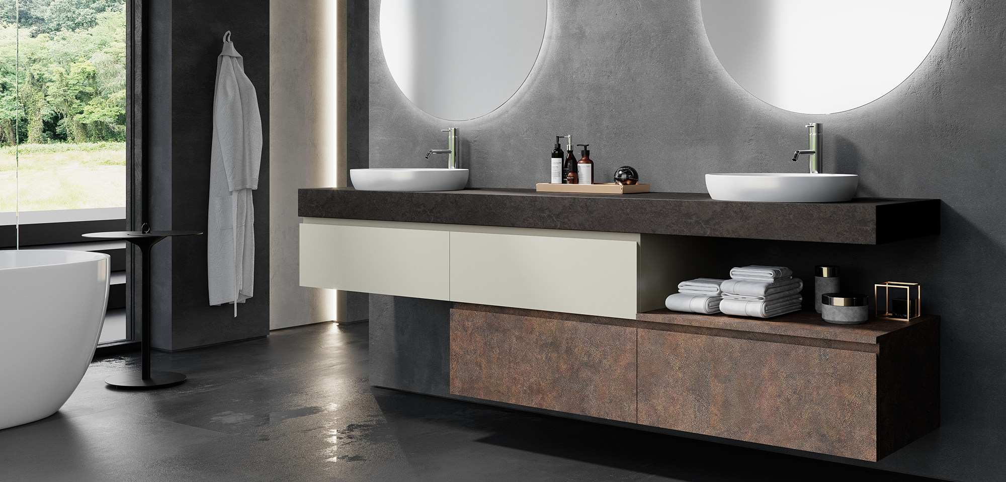 Mobile bagno sospeso doppio lavabo con top grigio  effetto cemento, cassetti laccati bianco e modulo basso effetto ferro ossidato Specchio tondo