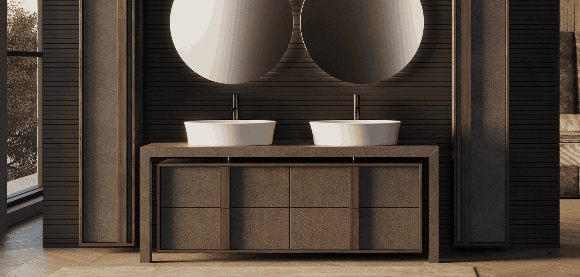 Mobile bagno doppio lavabo da appoggio effetto pietra bronzo con sei cassetti, cornice in legno scuro e specchi rotondi retroilluminati LED