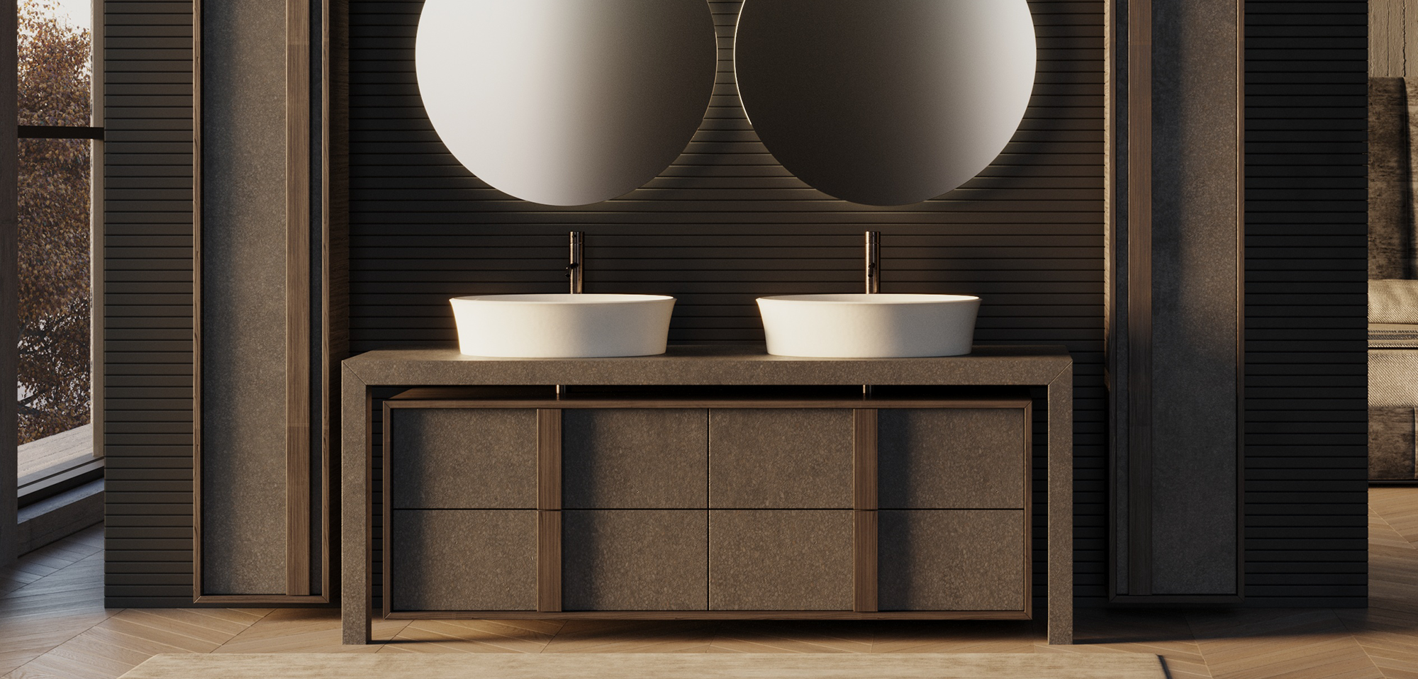 Mobile bagno doppio lavabo da appoggio effetto pietra bronzo con cassetti, cornice in legno scuro e specchi rotondi retroilluminati LED