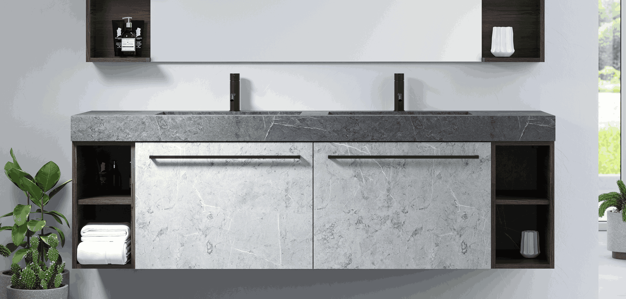 Mobile bagno sospeso doppio lavabo integrato effetto marmo grigio, ante effetto marmo bianco con maniglie nere, vani aperti laterali in legno